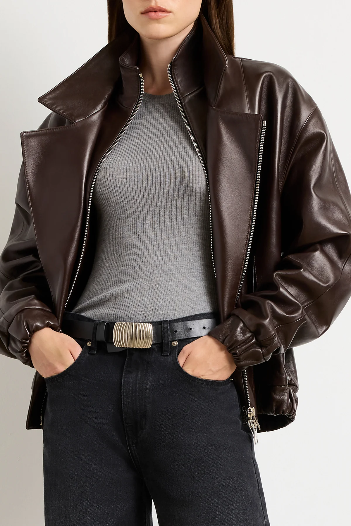 The Emmett Double Zip Leather Moto Jacket in Chocolate Brown - Image 5