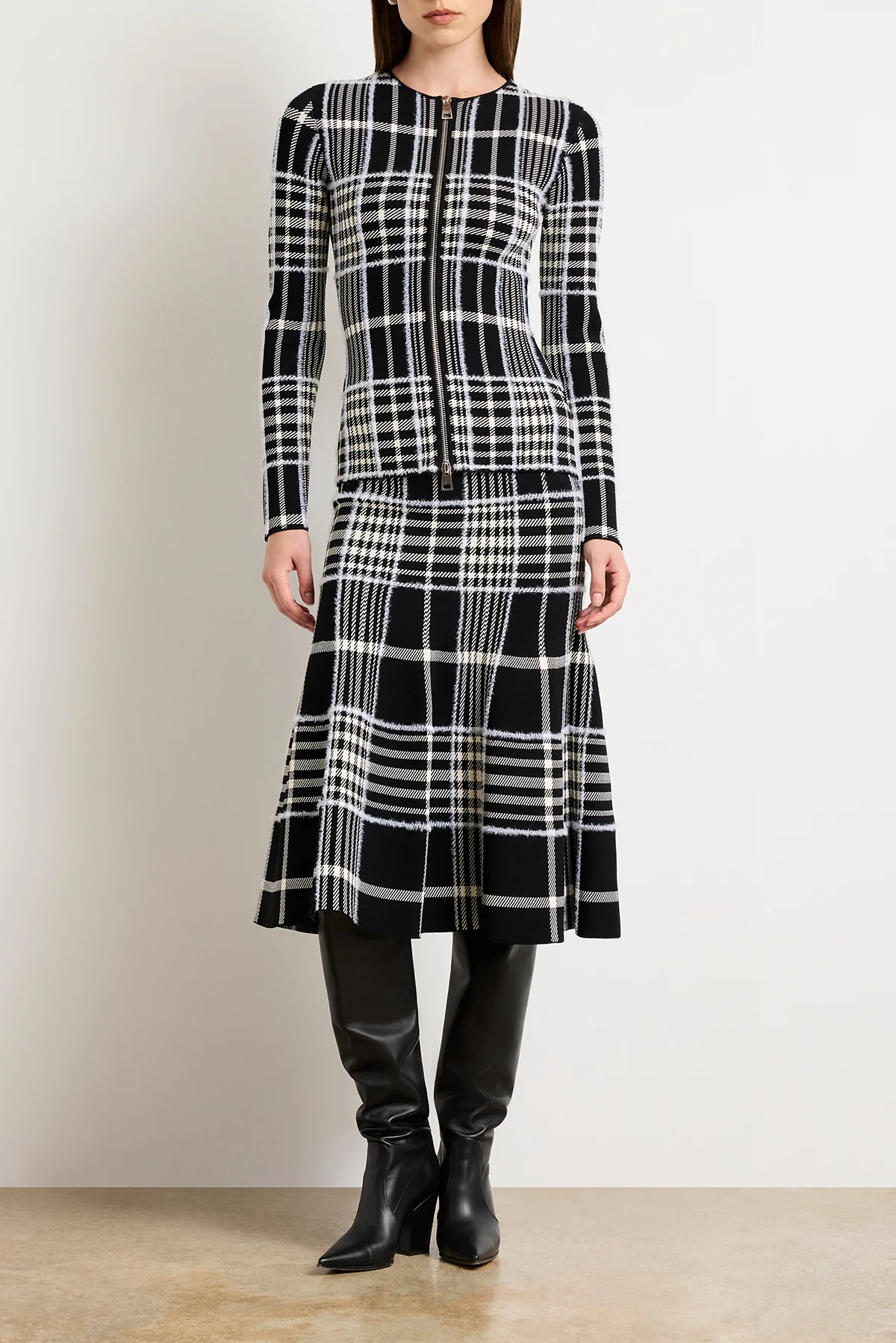The Greer Zip Front Plaid Jacquard Knit Cardigan in Black Plaid - Image 3