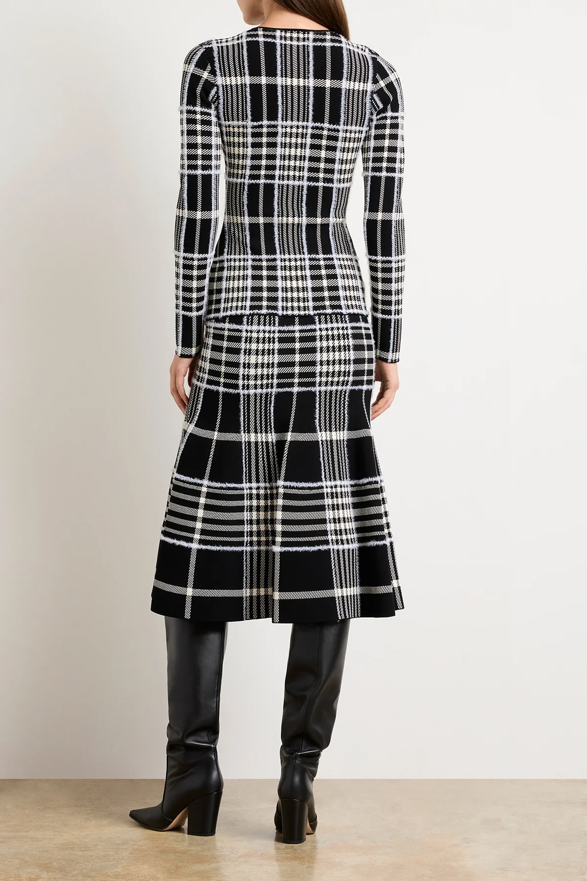 The Greer Zip Front Plaid Jacquard Knit Cardigan in Black Plaid - Image 4