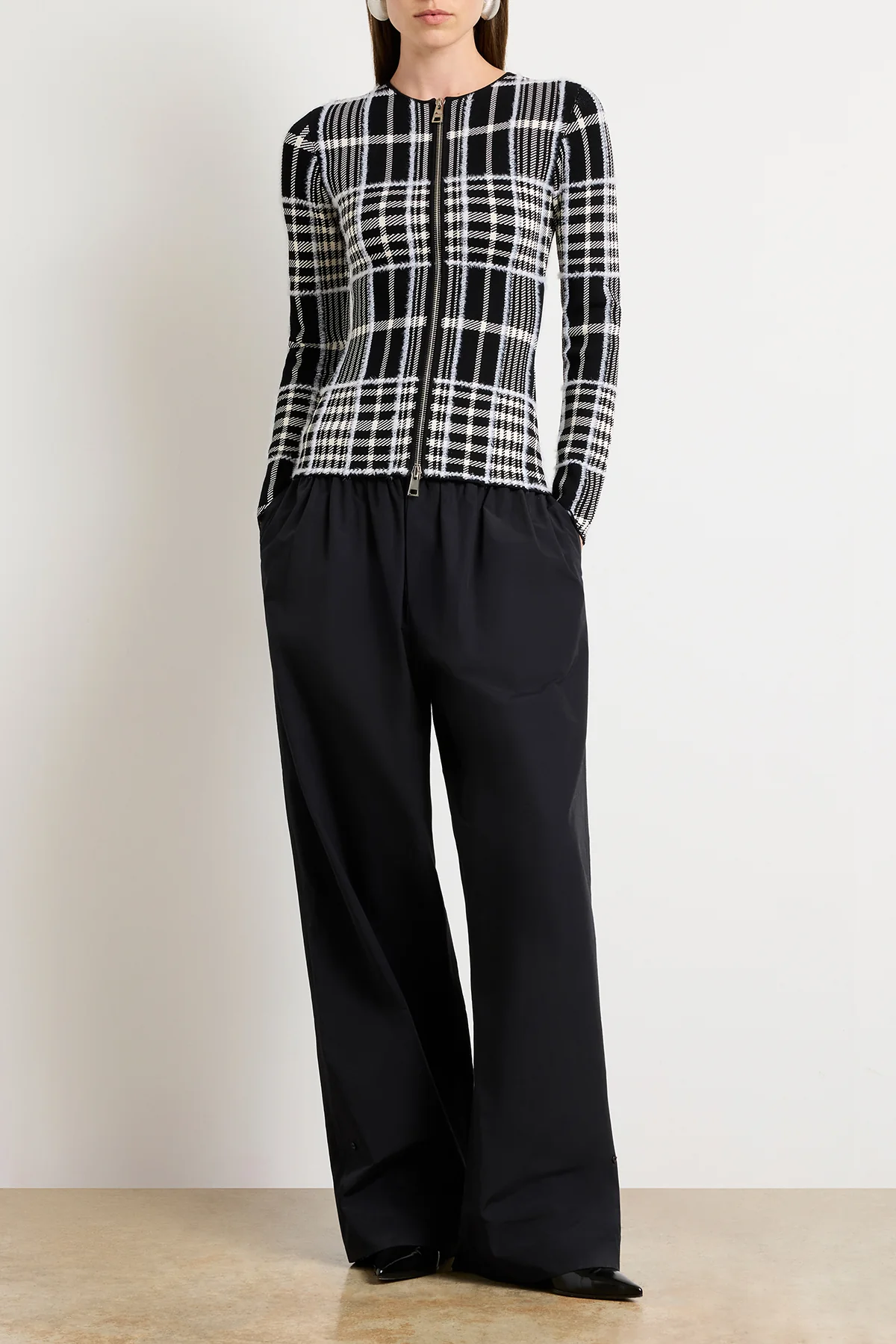 The Greer Zip Front Plaid Jacquard Knit Cardigan in Black Plaid - Image 5