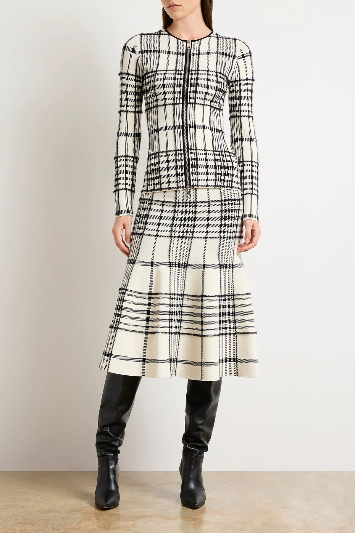 The Greer Zip Front Plaid Jacquard Knit Cardigan in Ivory Plaid - Image 3