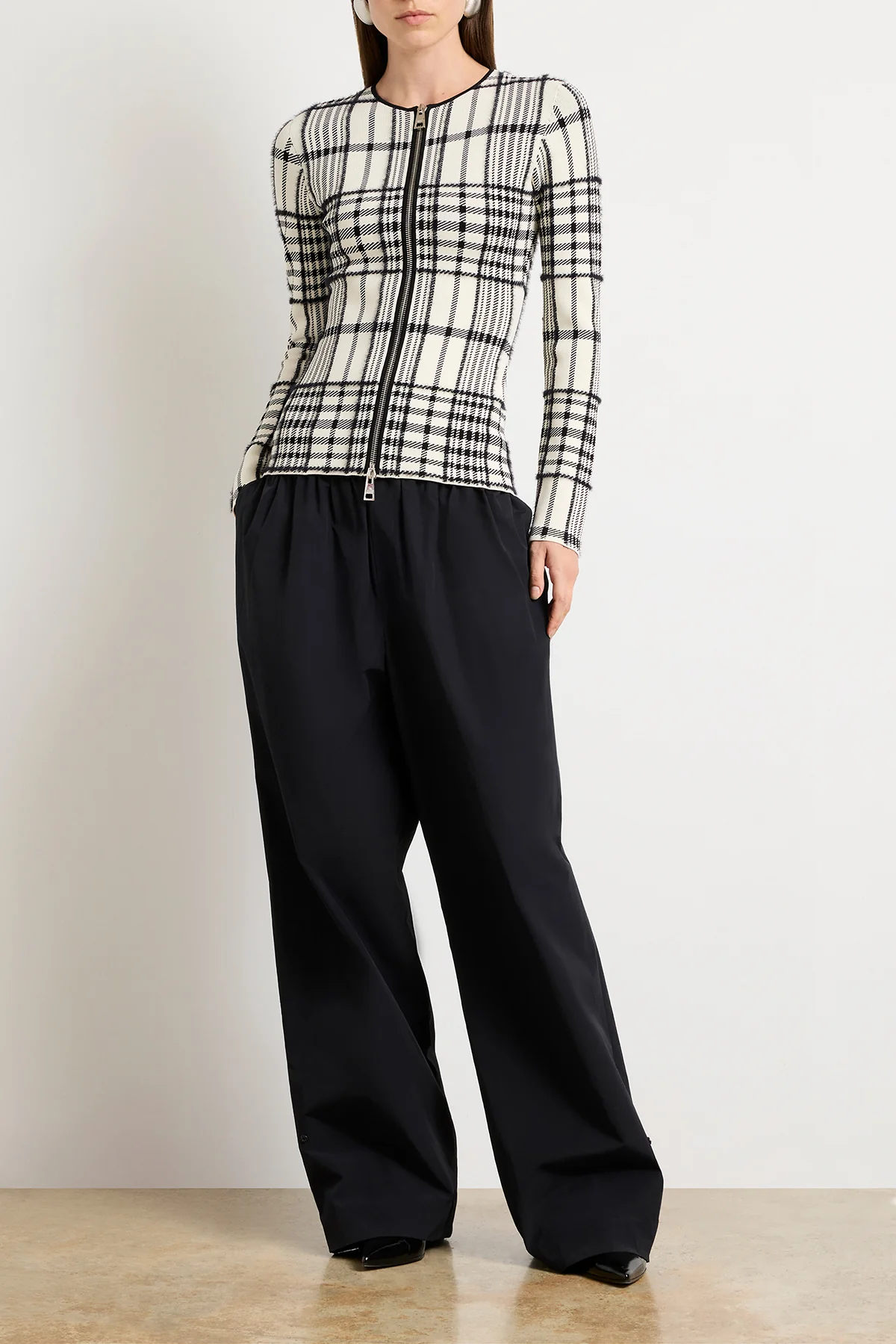 The Greer Zip Front Plaid Jacquard Knit Cardigan in Ivory Plaid - Image 5