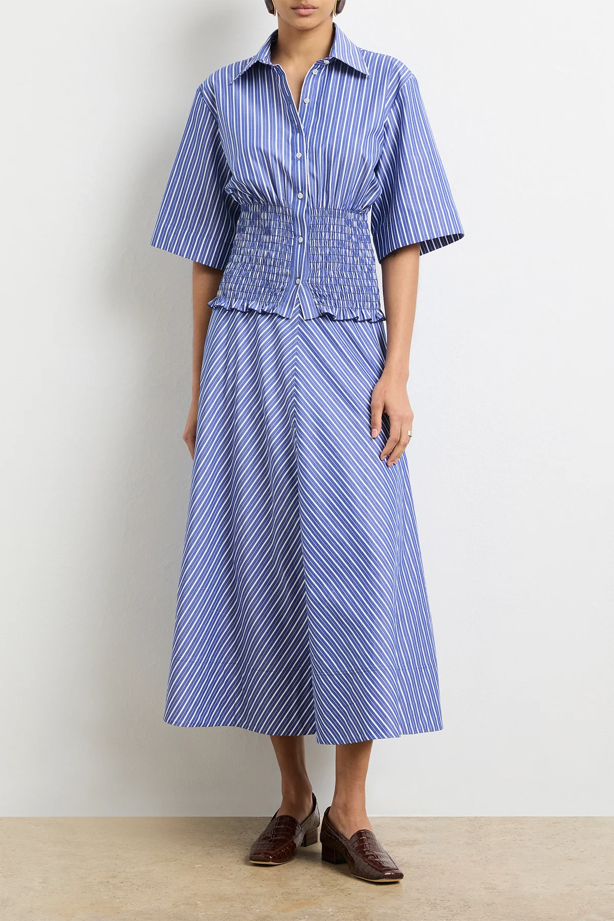 The Harte Smocked Button Up Top in Navy Striped Cotton - Image 3