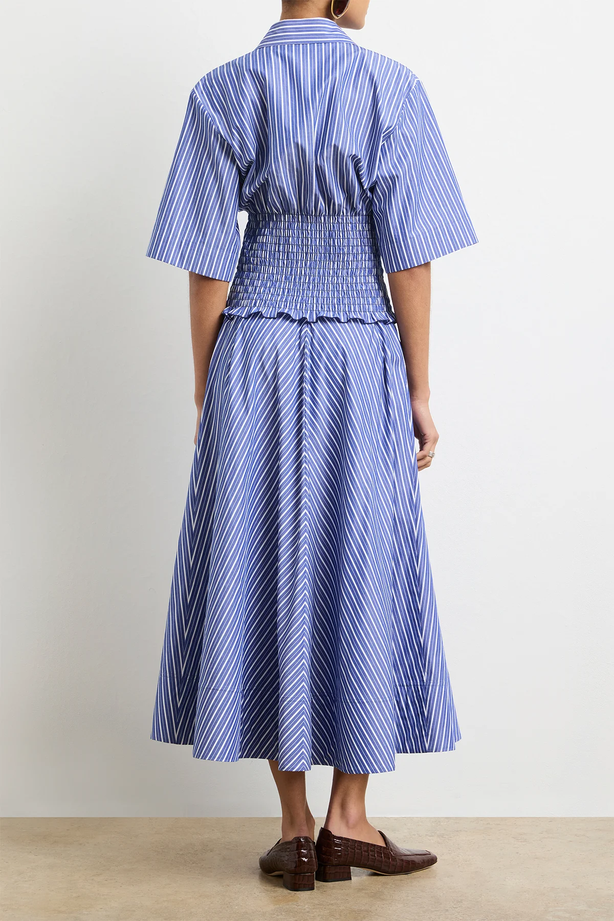 The Harte Smocked Button Up Top in Navy Striped Cotton - Image 4
