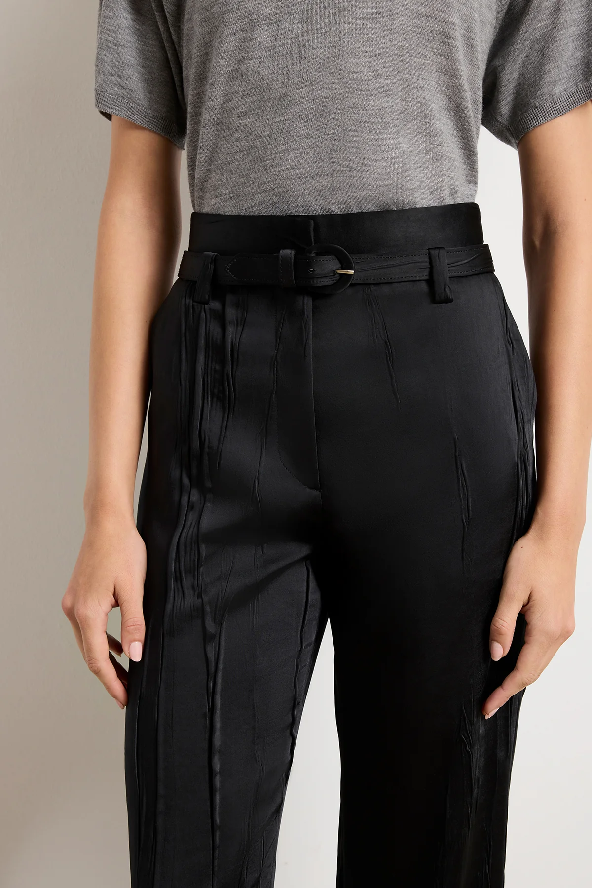The Kaia Crushed Satin Straight Leg Trouser in Black - Image 3