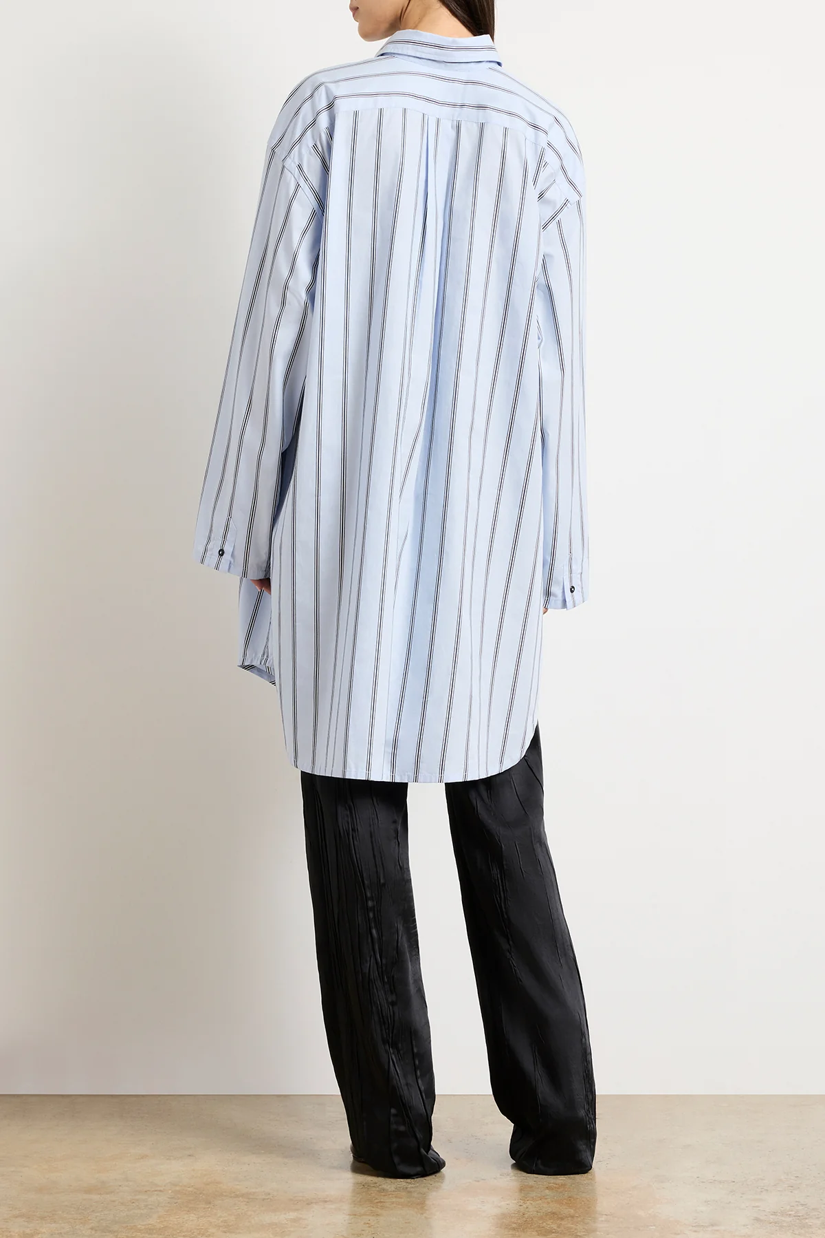 The Long Javi Boxy Button Down Shirt in Blue & Black Stripe - Image 4
