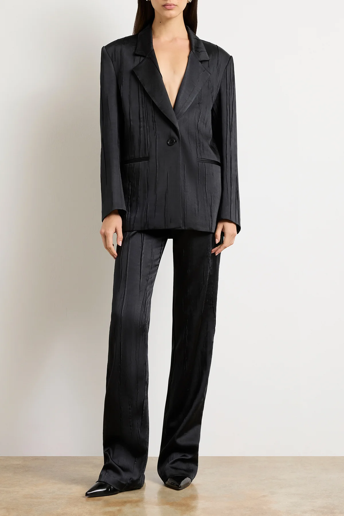 The Nell Crushed Satin Single Breasted Blazer in Black - Image 3