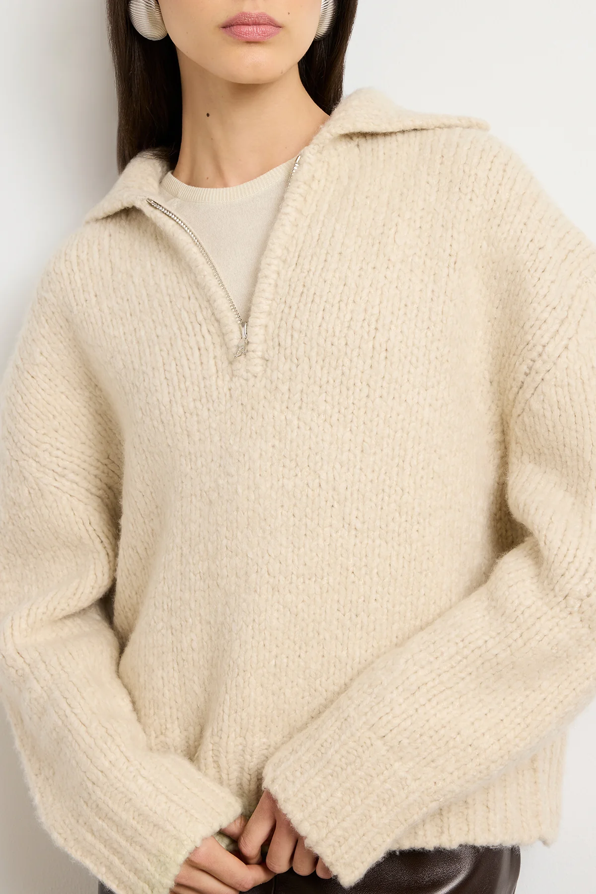 The Posie Half Zip Sweater with Sleeve Pocket in Latte - Image 2