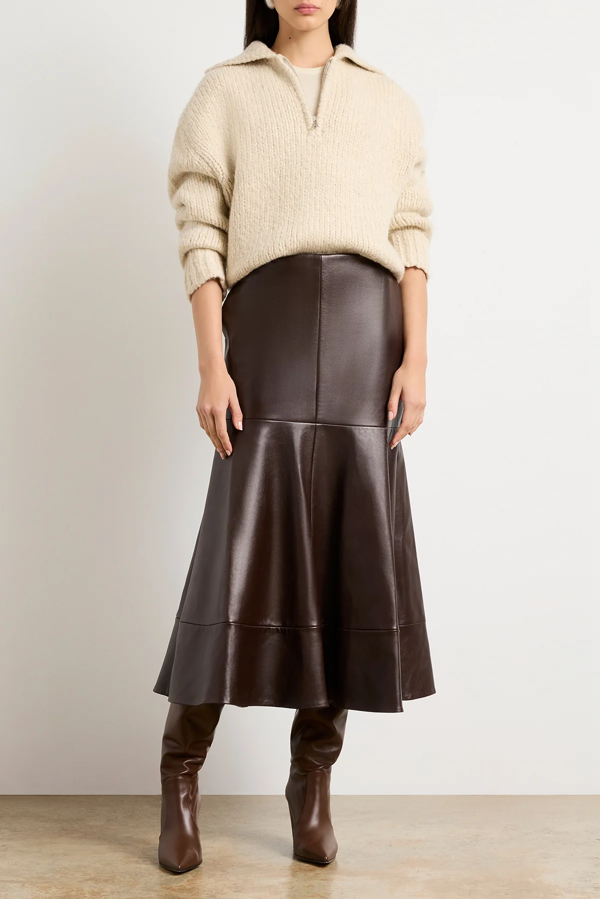 The Preston Leather Skirt with Flared Hem in Chocolate Brown - Image 2