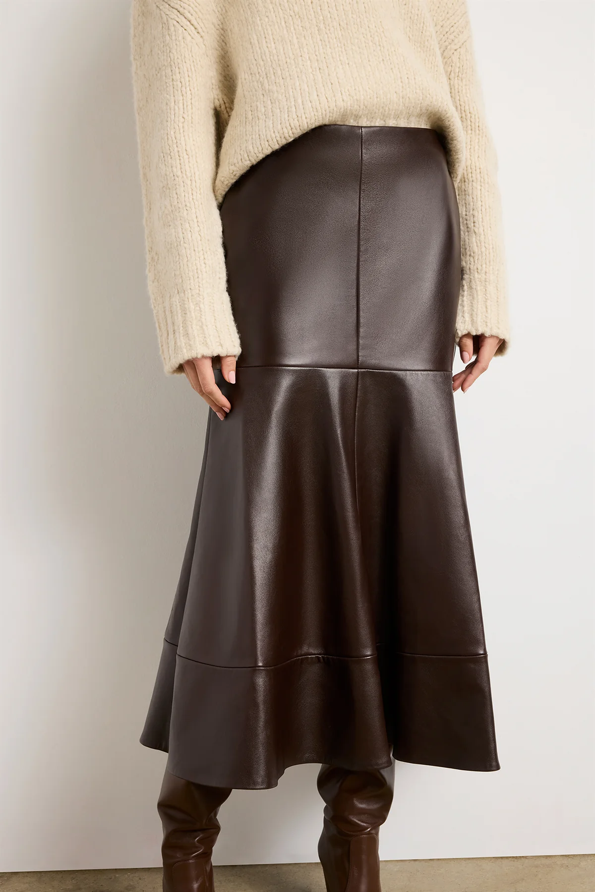 The Preston Leather Skirt with Flared Hem in Chocolate Brown - Image 3