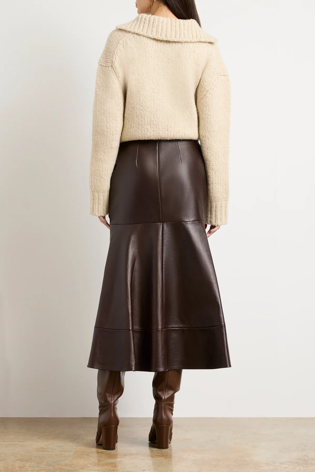 The Preston Leather Skirt with Flared Hem in Chocolate Brown - Image 4