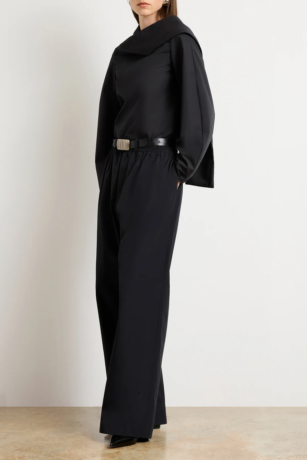 The Quinn One Sleeve Poplin Scarf Neck Top in Black - Image 2