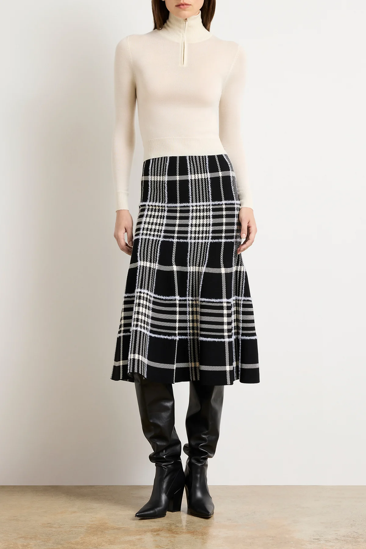 The Rory Flare Knit Skirt with Jacquard Plaid in Black Plaid - Image 2