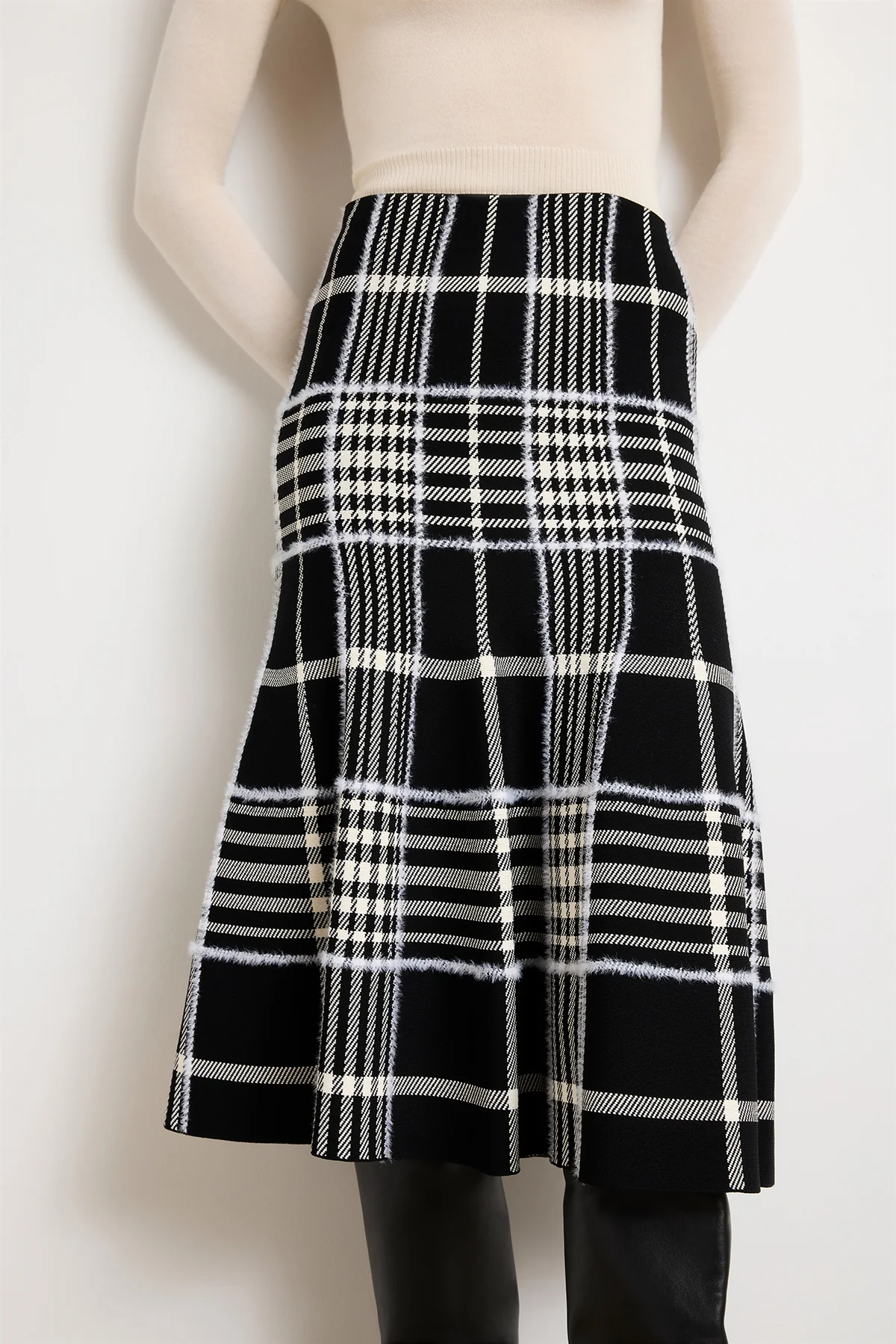 The Rory Flare Knit Skirt with Jacquard Plaid in Black Plaid - Image 3